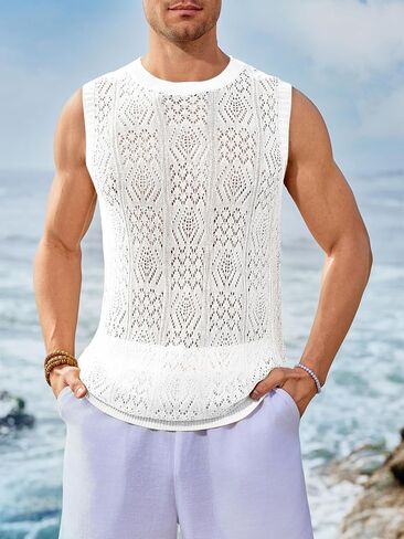 Runcati Mens Sleeveless Crewneck Tank Top Casual Hollow Out Cotton Knit Summer Beach T Shirt in Saudi Arabia