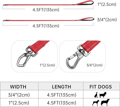 مقود تدريب الكلاب الممتاز من النايلون القوي والمتين، حبل جر بطول 4 أقدام وعرض 3/4 بوصة مع مقبض للكلاب الصغيرة (أحمر) in Kuwait