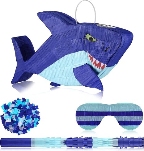 15.7 Inch Shark Party Pinata Small Mexican Pinata with Blindfold and Bat and Round Tissue Paper for Summer Decoration Photo Prop Candy Holder and Party in Saudi Arabia