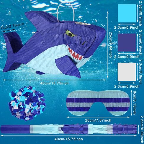 15.7 Inch Shark Party Pinata Small Mexican Pinata with Blindfold and Bat and Round Tissue Paper for Summer Decoration Photo Prop Candy Holder and Party in Saudi Arabia