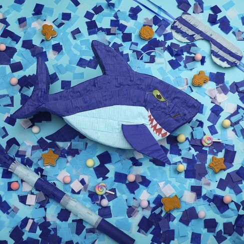 15.7 Inch Shark Party Pinata Small Mexican Pinata with Blindfold and Bat and Round Tissue Paper for Summer Decoration Photo Prop Candy Holder and Party in Saudi Arabia