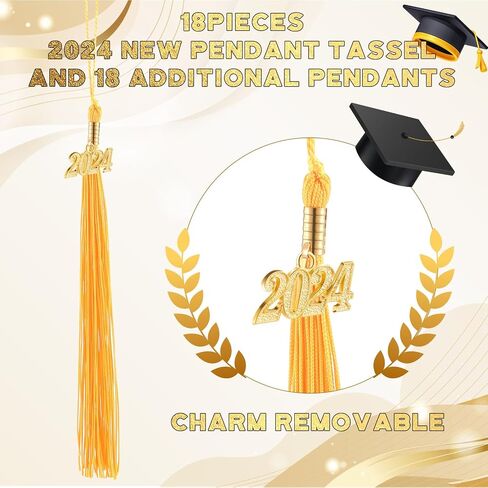 Hicarer 18 Pieces 2024 Year Academic Graduation Tassel Charm Set Gold Tassel Charm Soft Handmade Cap Tassel Accessories for Graduate Cap Hats Ceremony Decoration Souvenir Phone Charm in Saudi Arabia