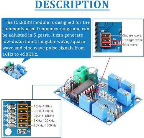 DAOKAI ICL8038 وحدة مولد الإشارة 10 هرتز - 450 كيلو هرتز مولد التردد المنخفض المتوسط ​​DC12-15V وحدة مولد مصدر إشارة الموجة الثلاثية / المستطيلة / الجيبية مع كابل دوبونت in Kuwait