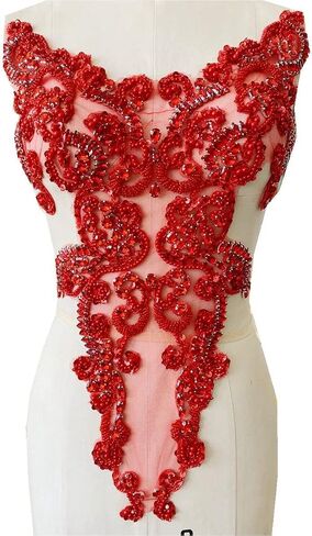 Handmade rhinestones lace applique sew on beads pearls trimming patches accessories for dress clothing skirt (Red) in Saudi Arabia