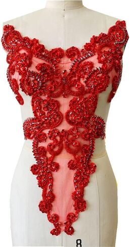 Handmade rhinestones lace applique sew on beads pearls trimming patches accessories for dress clothing skirt (Red) in Saudi Arabia