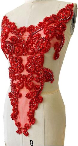 Handmade rhinestones lace applique sew on beads pearls trimming patches accessories for dress clothing skirt (Red) in Saudi Arabia