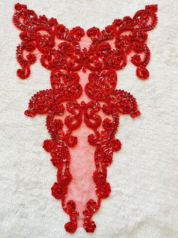 Handmade rhinestones lace applique sew on beads pearls trimming patches accessories for dress clothing skirt (Red) in Saudi Arabia