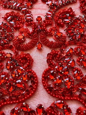 Handmade rhinestones lace applique sew on beads pearls trimming patches accessories for dress clothing skirt (Red) in Saudi Arabia