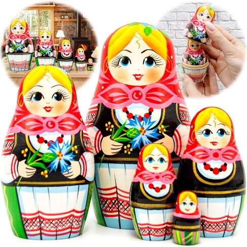 AEVVV Russian Matryoshka Dolls Set of 5 pcs - Russian Doll in Eastern European Costume - Russian Wooden Nesting Dolls Cornflowers Flower Decor in Saudi Arabia