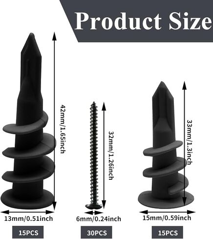Kyuionty 30 Sets Plastic Self Drilling Drywall Anchors and Screws Kit, Self-Tapping Drywall Anchors with #6 x 1-1/4 Inch Screws (Black) in Saudi Arabia