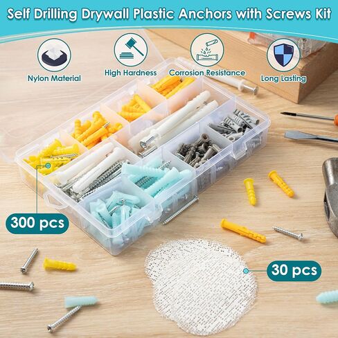 Saillong 300 قطعة من مرساة الحائط و30 قطعة من طقم إصلاح مرساة الحوائط الجافة، مجموعة متنوعة من مراسي الحوائط الجافة والمسامير، مراسي بلاستيكية متنوعة، براغي تثبيت مع حقيبة تخزين للجص الخرساني in Saudi Arabia