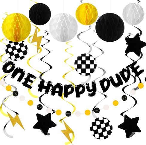 37 قطعة من Yuefunny لتزيين حفلات عيد ميلاد سعيد واحد من Happy Dude لعيد الميلاد الأول، كرات قرص العسل الورقية، دوامات معلقة، قطع ورق شطرنج مع دائرة منقطة، إكليل ورقي in Kuwait