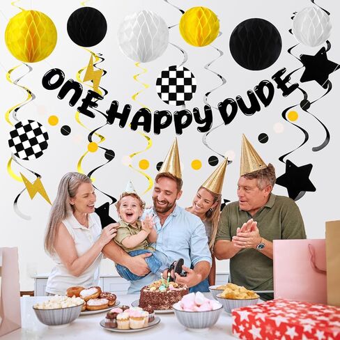 37 قطعة من Yuefunny لتزيين حفلات عيد ميلاد سعيد واحد من Happy Dude لعيد الميلاد الأول، كرات قرص العسل الورقية، دوامات معلقة، قطع ورق شطرنج مع دائرة منقطة، إكليل ورقي in Kuwait