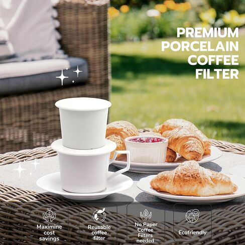 Minh Long Porcelain Coffee Filter for single cup 5.75 oz, Vietnamese Coffee Filter Set, Vietnamese Coffee Maker or Press, Slow Drip Paperless, Non-Electric Pour Over Coffee Dripper, Easy to clean in Saudi Arabia