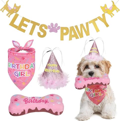 EXPAWLORER Dog Birthday Bandana Hat - Dog Birthday Outfit Party Supplies Set, Bone Cake - Squeaky Toy Dog Birthday Gift, Birthday Banner Decorations for Small Medium Large Dogs Girl, Pink in Saudi Arabia