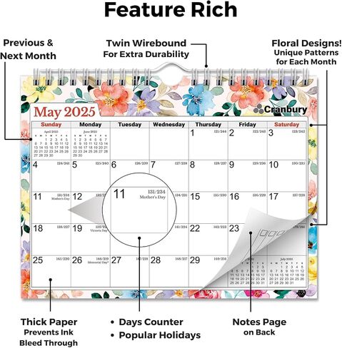 CRANBURY Small 8x6" Wall Calendar 2025-2026 (Floral), Use July 2025 to Dec 2026, Mini Monthly Hanging Calendar, Gorgeous Flower Designs, Use on Bulletin Board, Fridge, or on Desk, Includes Stickers in Saudi Arabia