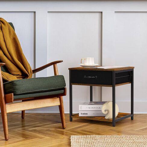 حامل طابعة مع وحدة تخزين، طاولة طابعة صغيرة بطبقتين مع درج قماشي ورف خشبي منظم سطح المكتب لطابعات الفاكس، المكتب المنزلي، بني ريفي in Kuwait