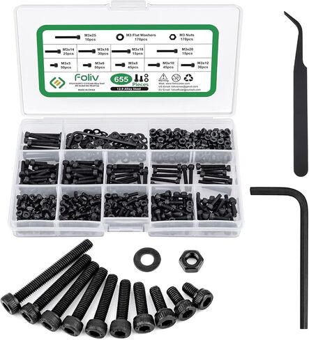 FOLIV 700PCS M3 x 5/6/8/10/12/14/16/18/20/25/30mm Button Hex Head Cap Screws M3 Metric Machine Screws Bolts Nuts Washer Assortment Kit, 10.9 Grade Alloy Steel in Saudi Arabia
