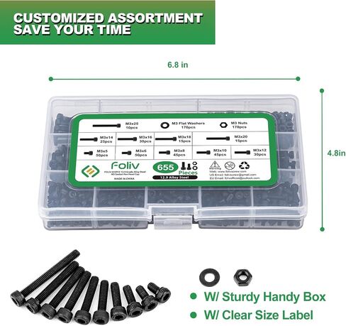 FOLIV 700PCS M3 x 5/6/8/10/12/14/16/18/20/25/30mm Button Hex Head Cap Screws M3 Metric Machine Screws Bolts Nuts Washer Assortment Kit, 10.9 Grade Alloy Steel in Saudi Arabia