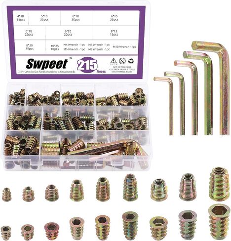 Swpeet 140 قطعة M4 M5 M6 M8 M10 متري من الصلب الكربوني اللون الزنك مطلي الكربون الأثاث الخشب المسمار في الجوز ذات الحواف المسمار في مقبس سداسي محرك إدراج الخيوط المكسرات مجموعة متنوعة مع 5 قطع وجع in Kuwait