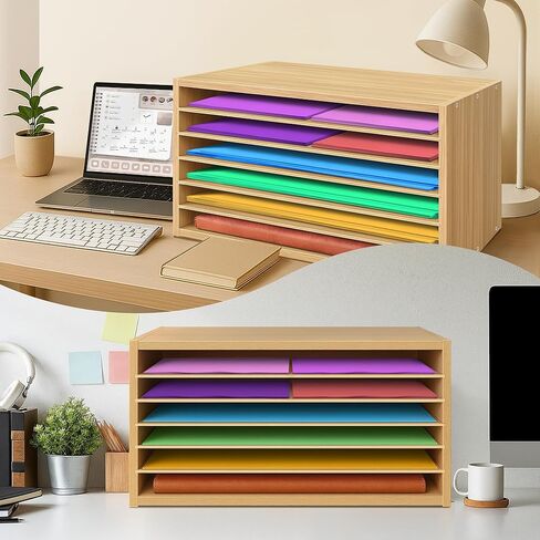 Prolee Construction Paper Organizer 20" x 13.5" x12.2",Soild Wooden Paper Organizer with 6-Tier Letter Trays, Desktop File Papers Sorter for Home, Classroom and Office (Walnut) in Kuwait