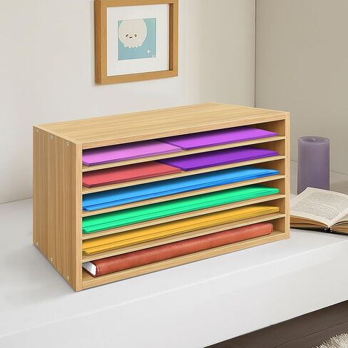Prolee Construction Paper Organizer 20" x 13.5" x12.2",Soild Wooden Paper Organizer with 6-Tier Letter Trays, Desktop File Papers Sorter for Home, Classroom and Office (Walnut) in Kuwait