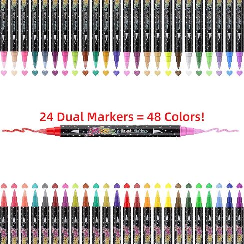 48 Colors Dual Tip Glitter Brush Markers, 24 Pcs Dual-Colors Metallic Glitter Pens, Brush Tip Sparkle Markers Paint Pens for Coloring, Christmas Gifts Stocking Stuffers for Teen Art Supplies in Saudi Arabia