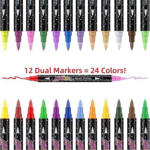 48 Colors Dual Tip Glitter Brush Markers, 24 Pcs Dual-Colors Metallic Glitter Pens, Brush Tip Sparkle Markers Paint Pens for Coloring, Christmas Gifts Stocking Stuffers for Teen Art Supplies in Kuwait