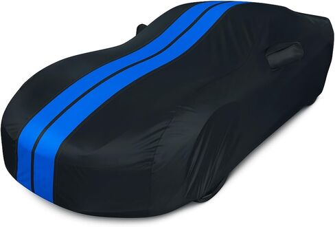 C7 Corvette Car Cover - Custom Fit Indoor/Outdoor UV & Rain Protection - Ultraguard Plus 300 Denier High End Fit for 2014-2019 Stingray, Z51, Z06, Grand Sport Corvettes (Black with Blue Stripes) in Saudi Arabia