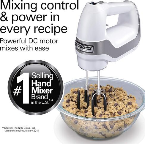 Hamilton Beach Professional 7-Speed Digital Electric Hand Mixer with High-Performance DC Motor, Slow Start, Snap-On Storage Case, SoftScrape Beaters, Whisk, Dough Hooks, White (62656) in Kuwait