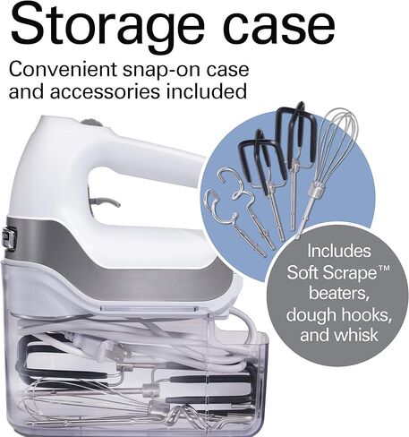 Hamilton Beach Professional 7-Speed Digital Electric Hand Mixer with High-Performance DC Motor, Slow Start, Snap-On Storage Case, SoftScrape Beaters, Whisk, Dough Hooks, White (62656) in Kuwait