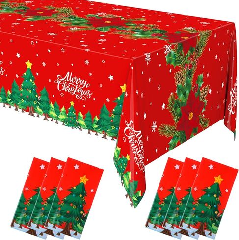 Oudain 6 Pcs Christmas Tablecloth 54 x 108 Inch Rectangle Table Cover Plastic Xmas Table Cloth with Merry Christmas Tree Pattern for Christmas Winter Holiday Party Supplies(Red) in Saudi Arabia