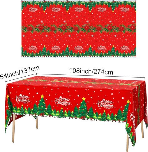 Oudain 6 Pcs Christmas Tablecloth 54 x 108 Inch Rectangle Table Cover Plastic Xmas Table Cloth with Merry Christmas Tree Pattern for Christmas Winter Holiday Party Supplies(Red) in Saudi Arabia