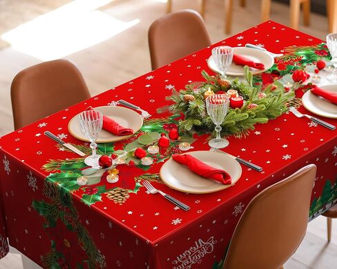 Oudain 6 Pcs Christmas Tablecloth 54 x 108 Inch Rectangle Table Cover Plastic Xmas Table Cloth with Merry Christmas Tree Pattern for Christmas Winter Holiday Party Supplies(Red) in Saudi Arabia