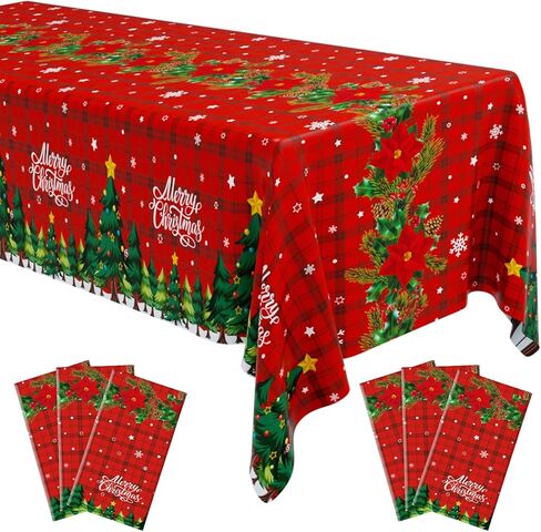 Oudain 6 Pcs Christmas Tablecloth 54 x 108 Inch Rectangle Table Cover Plastic Xmas Table Cloth with Merry Christmas Tree Pattern for Christmas Winter Holiday Party Supplies(Red) in Saudi Arabia