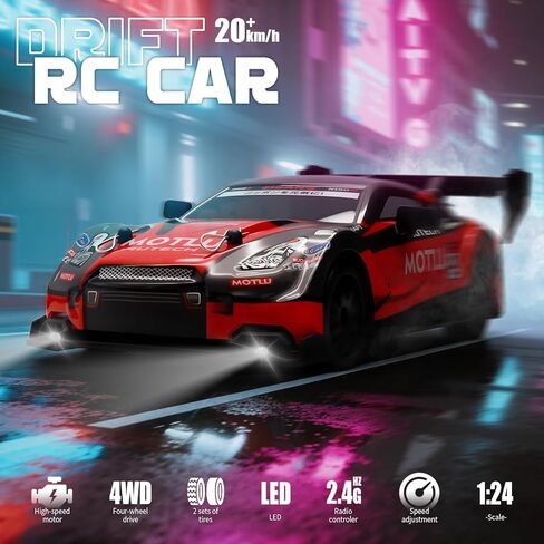 سيارة RC Drift، سيارة تحكم عن بعد بمقياس 1:24 للأطفال، 2.4 جيجا هرتز 20 كم/ساعة 4WD سيارات RC عالية السرعة مع ضوء LED، بطاريتان وإطارات انجراف سيارات سباق رياضية للبالغين والأولاد والبنات والأطفال 8601BK in Kuwait