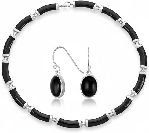 Asian Style Gemstone Genuine Multi Color Yellow Red White Green Jade Black Onyx Strand Slender Tube Bar Link Necklace Collar For Women 14K Yellow Gold Plated .925 Sterling Silver 16-18 Inch in Kuwait