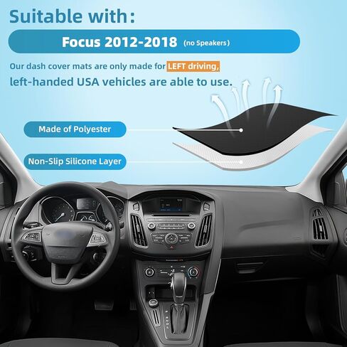 حصيرة غطاء لوحة القيادة لسيارة Ford Focus 2012 2013 2014 2015 2016 2017 2018 بوليستر مخصص مناسب 12-18 Fo-rd Focus Dash Cover (Focus 2012-2018، بدون مكبر صوت، أسود) in Kuwait