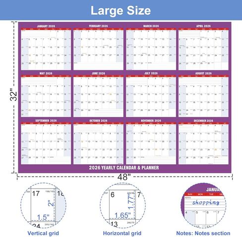 Wall Calendar 2026-32" x 48" Dry Erase Calendar for Wall, 12 Monthly Calendar From Jan to Dec, Reversible, Double Laminated 2026 wall Calendar, Extra Large Wall Calendar for Home Kitchen Office in Saudi Arabia
