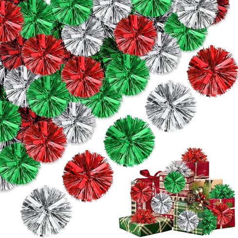 48PCS Christmas Tinsel Bows for Gift Wrapping, 4 Inch Self Adhesive Christmas Gift Wrap Tinsel Bows for Xmas Party Birthday Wedding New Year Presents Wrapping Decorations(Red&Green&Silver) in Saudi Arabia