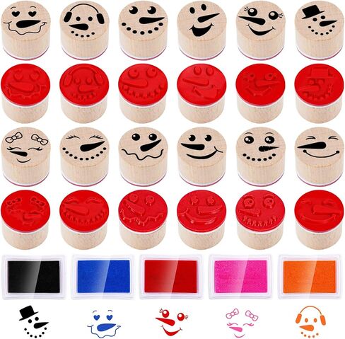 Whaline 17 Pcs Winter Snowman Wooden Rubber Stamps with Ink Pads Round Funny Snowman Face DIY Craft Stamps for Christmas Xmas Party Decor Scrapbooking Cards Making in Saudi Arabia