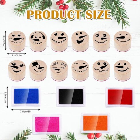 Whaline 17 Pcs Winter Snowman Wooden Rubber Stamps with Ink Pads Round Funny Snowman Face DIY Craft Stamps for Christmas Xmas Party Decor Scrapbooking Cards Making in Saudi Arabia