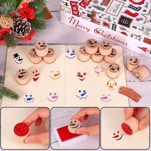 Whaline 17 Pcs Winter Snowman Wooden Rubber Stamps with Ink Pads Round Funny Snowman Face DIY Craft Stamps for Christmas Xmas Party Decor Scrapbooking Cards Making in Saudi Arabia
