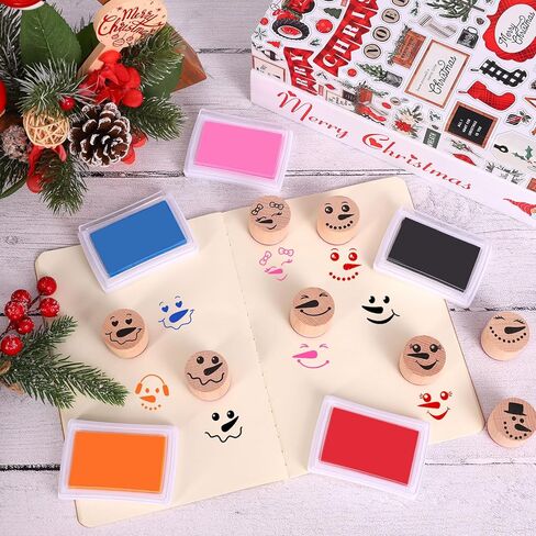 Whaline 17 Pcs Winter Snowman Wooden Rubber Stamps with Ink Pads Round Funny Snowman Face DIY Craft Stamps for Christmas Xmas Party Decor Scrapbooking Cards Making in Saudi Arabia