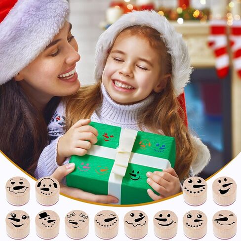 Whaline 17 Pcs Winter Snowman Wooden Rubber Stamps with Ink Pads Round Funny Snowman Face DIY Craft Stamps for Christmas Xmas Party Decor Scrapbooking Cards Making in Saudi Arabia
