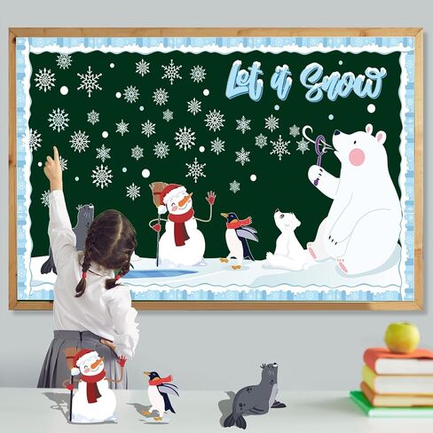 مجموعة ديكورات لوحة الإعلانات الشتوية مع حدود الدب القطبي الثلجي ديكور الفصل الدراسي للمعلمين قطع ندفة الثلج الشتوية لتزيين لوحة الإعلانات في الفصل المدرسي in Kuwait