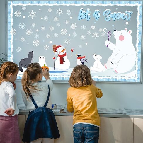 مجموعة ديكورات لوحة الإعلانات الشتوية مع حدود الدب القطبي الثلجي ديكور الفصل الدراسي للمعلمين قطع ندفة الثلج الشتوية لتزيين لوحة الإعلانات في الفصل المدرسي in Kuwait