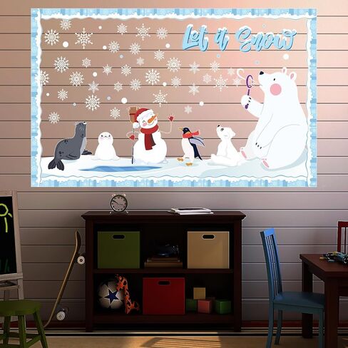 مجموعة ديكورات لوحة الإعلانات الشتوية مع حدود الدب القطبي الثلجي ديكور الفصل الدراسي للمعلمين قطع ندفة الثلج الشتوية لتزيين لوحة الإعلانات في الفصل المدرسي in Kuwait