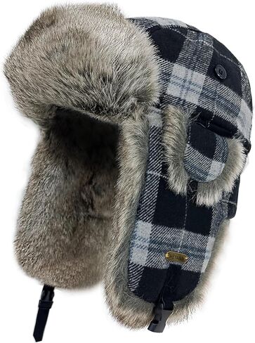 HEYANN Winter Trapper Hat,Warm Faux Fur Aviator Hat,Russian Trooper Hunting Ski Hat with Ear Flaps for Men & Women(BlackGrey,L/XL) in Kuwait