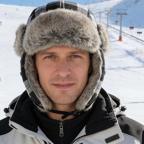 HEYANN Winter Trapper Hat,Warm Faux Fur Aviator Hat,Russian Trooper Hunting Ski Hat with Ear Flaps for Men & Women(BlackGrey,L/XL) in Kuwait